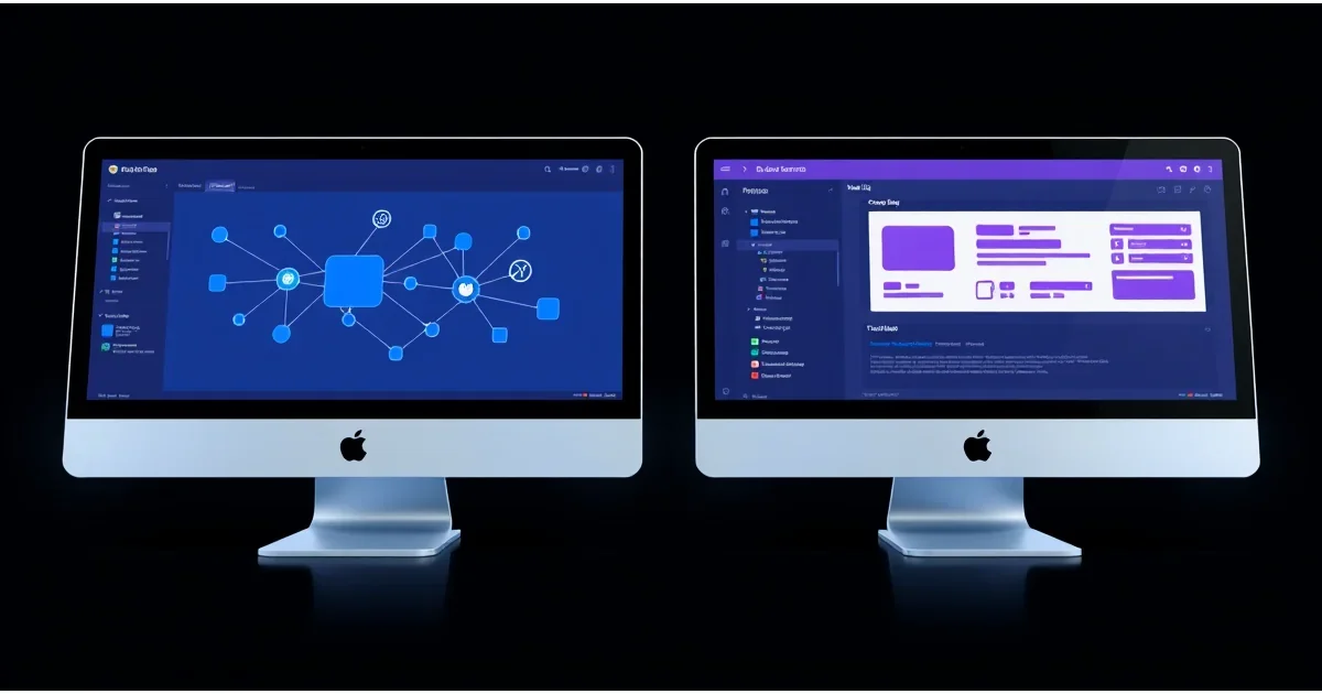 Side-by-side comparison of ComfyUI node-based workflow interface and Automatic1111 web UI for AI image generation