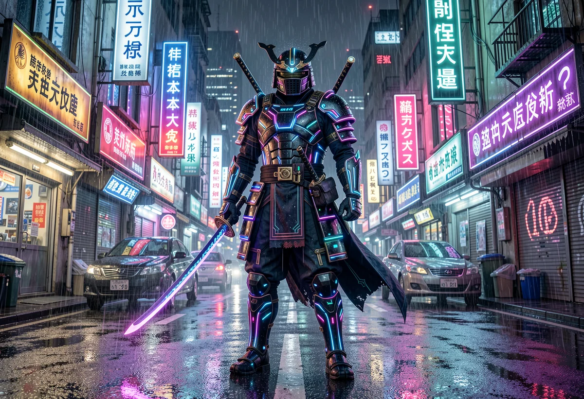 Cyberpunk samurai wide shot