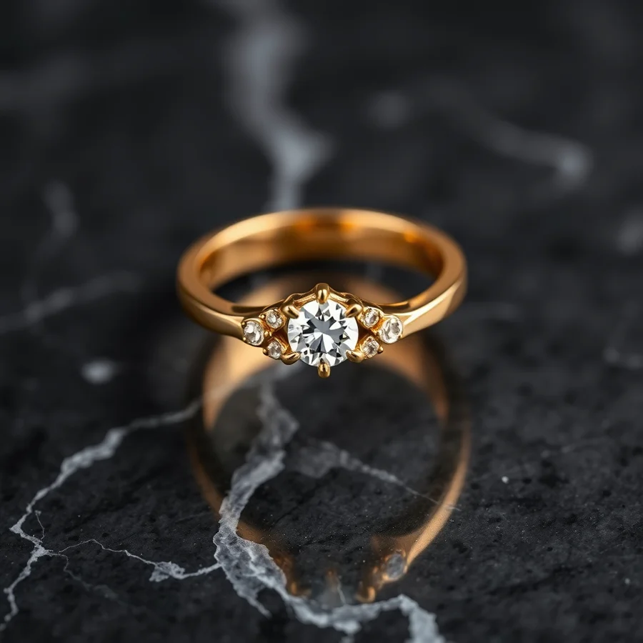 Close-up of a gold ring with diamond accents generated by FLUX Klein v1, showing detailed gemstone facets and chain links on a dark marble surface