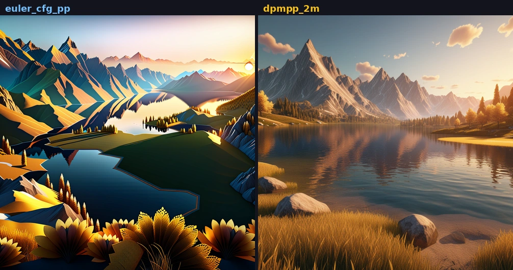SDXL two-sampler comparison showing side-by-side results of euler_cfg_pp versus dpmpp_2m samplers with the same seed and prompt